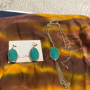 Green and Blue Gold Tone Premier Design earrings and necklace